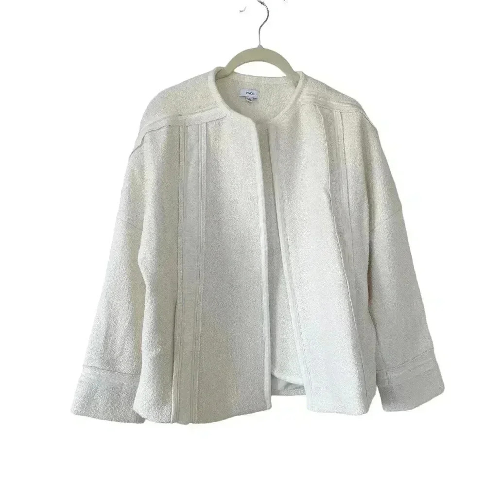 Vince Cream Boucle Jacket Blazer Size 8 Open Front Frayed Edge Textured Office